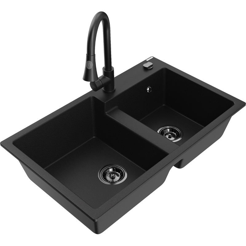 Mexen Tomas dřez granitový 2-komorový s kuchyňskou baterií Elia, černý - 6516-77-670101-70-B