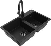 Mexen Tomas dřez granitový 2-komorový s kuchyňskou baterií Elia, černý - 6516-77-670101-70-B