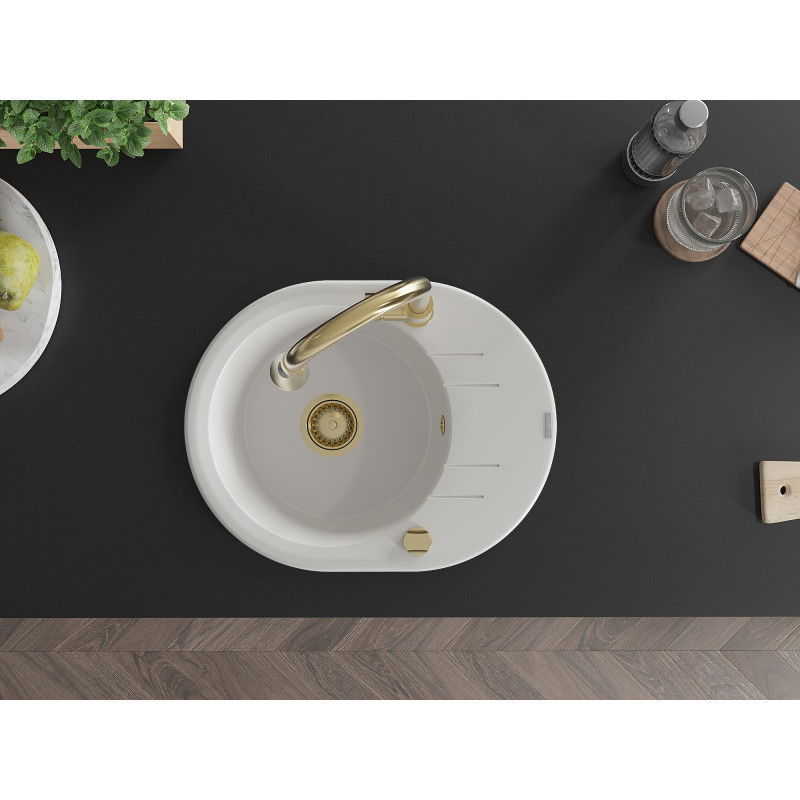 Mexen Kevin granitový dřez 1-komorový s odkapávačem a kuchyňskou baterií Elia, bílý - 6517-20-670101-50