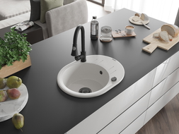 Mexen Kevin žulový dřez 1-komorový s odkapávačem a kuchyňskou baterií Elia, bílý - 6517-20-670101-70