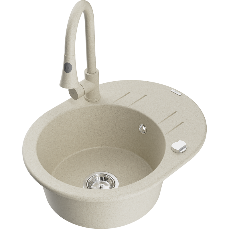 Mexen Kevin granitový dřez 1-komorový s odkapávačem a kuchyňskou baterií Elia, béžový - 6517-69-670101-69