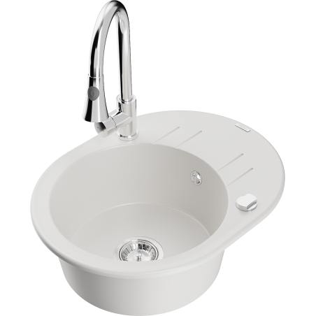 Mexen Kevin granitový dřez 1-komorový s odkapávačem a kuchyňskou baterií Elia, bílý - 6517-20-670101-00