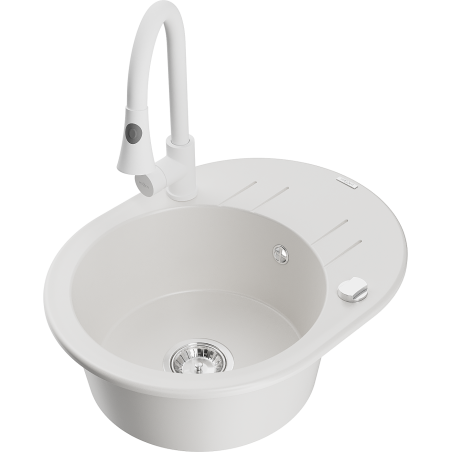 Mexen Kevin granitový dřez 1-komorový s odkapávačem a kuchyňskou baterií Elia, bílý - 6517-20-670101-20