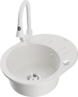 Mexen Kevin granitový dřez 1-komorový s odkapávačem a kuchyňskou baterií Elia, bílý - 6517-20-670101-20