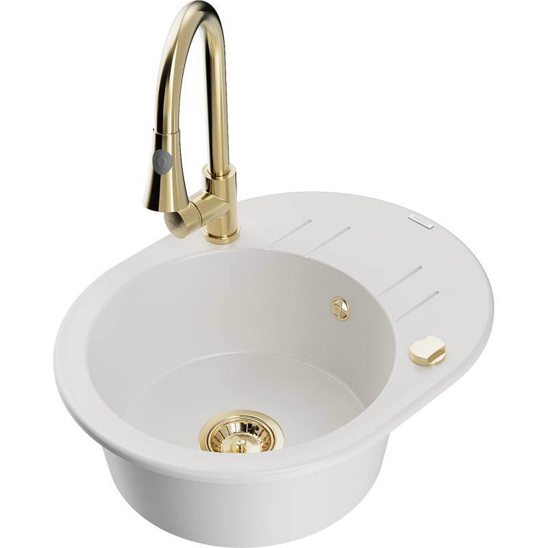 Mexen Kevin granitový dřez 1-komorový s odkapávačem a kuchyňskou baterií Elia, bílý - 6517-20-670101-50