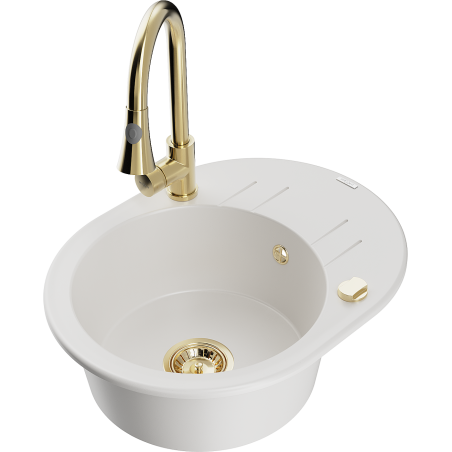 Mexen Kevin granitový dřez 1-komorový s odkapávačem a kuchyňskou baterií Elia, bílý - 6517-20-670101-50