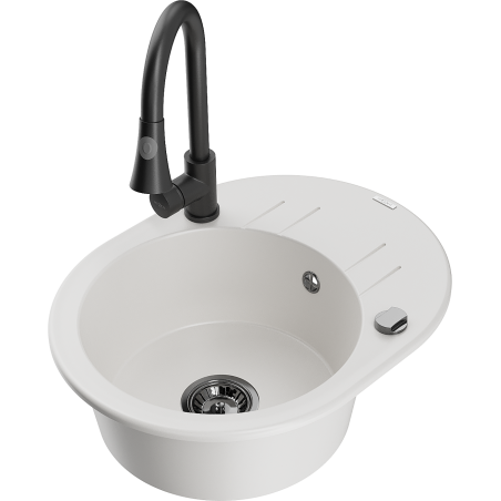 Mexen Kevin žulový dřez 1-komorový s odkapávačem a kuchyňskou baterií Elia, bílý - 6517-20-670101-70