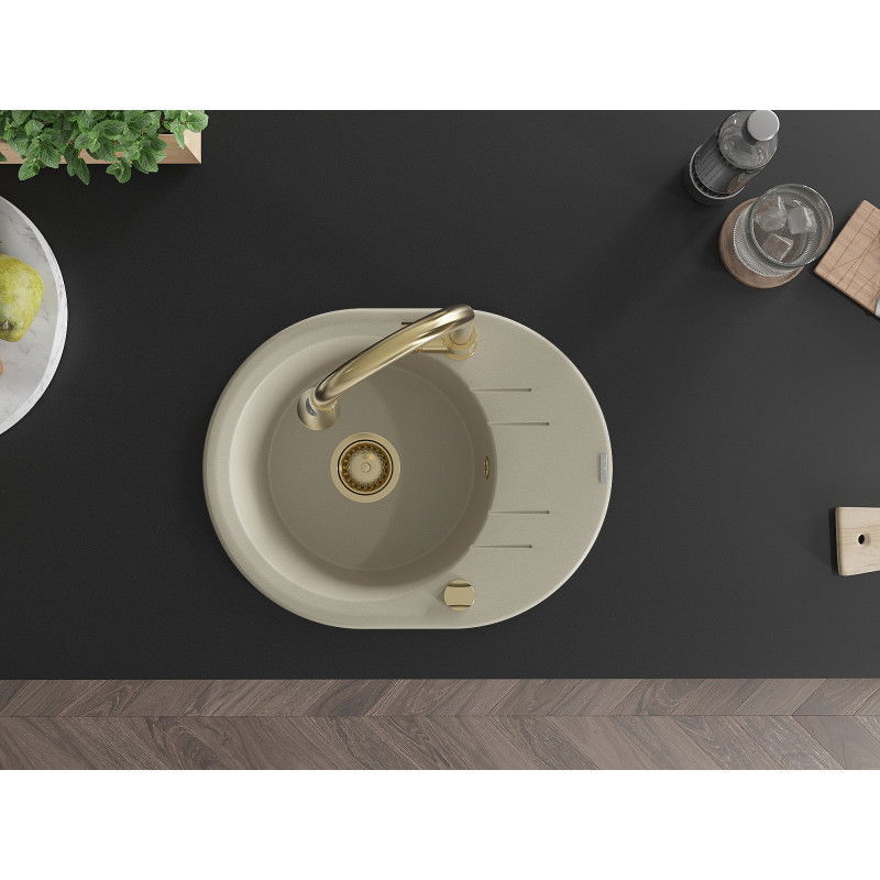 Mexen Kevin granitový dřez 1-komorový s odkapávačem a kuchyňskou baterií Elia, béžový - 6517-69-670101-50