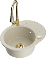 Mexen Kevin granitový dřez 1-komorový s odkapávačem a kuchyňskou baterií Elia, béžový - 6517-69-670101-50