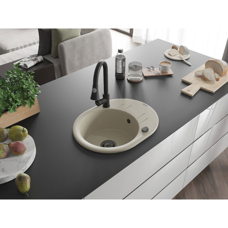 Mexen Kevin granitový dřez 1-komorový s odkapávačem a kuchyňskou baterií Elia, béžový - 6517-69-670101-70