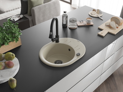 Mexen Kevin granitový dřez 1-komorový s odkapávačem a kuchyňskou baterií Elia, béžový - 6517-69-670101-70