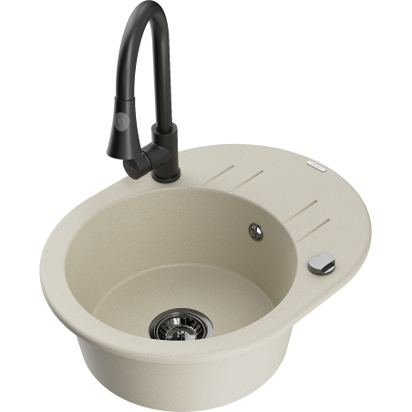 Mexen Kevin granitový dřez 1-komorový s odkapávačem a kuchyňskou baterií Elia, béžový - 6517-69-670101-70