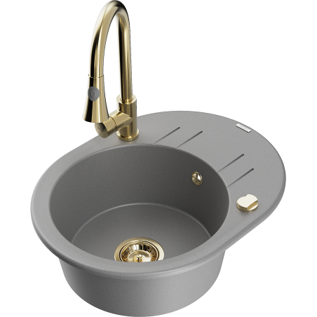 Mexen Kevin granitový dřez 1-komorový s odkapávačem a kuchyňskou baterií Elia, šedý - 6517-71-670101-50