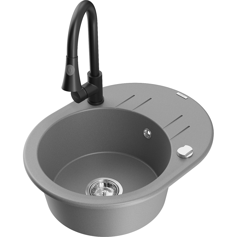 Mexen Kevin granitový dřez 1-komorový s odkapávačem a kuchyňskou baterií Elia, šedý - 6517-71-670101-70