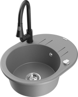 Mexen Kevin granitový dřez 1-komorový s odkapávačem a kuchyňskou baterií Elia, šedý - 6517-71-670101-70