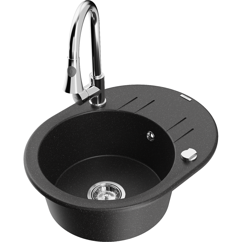 Mexen Kevin granitový dřez 1-komorový s odkapávačem a kuchyňskou baterií Elia, černý/stříbrný metalik - 6517-73-670101-00