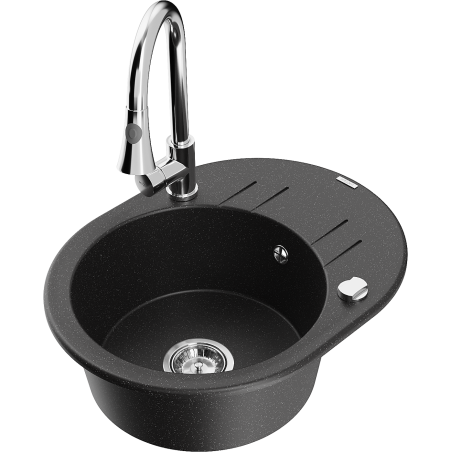 Mexen Kevin granitový dřez 1-komorový s odkapávačem a kuchyňskou baterií Elia, černý/stříbrný metalik - 6517-73-670101-00