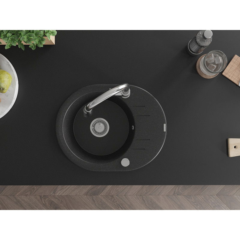 Mexen Kevin granitový dřez 1-komorový s odkapávačem a kuchyňskou baterií Elia, černý/stříbrný metalik - 6517-73-670101-00