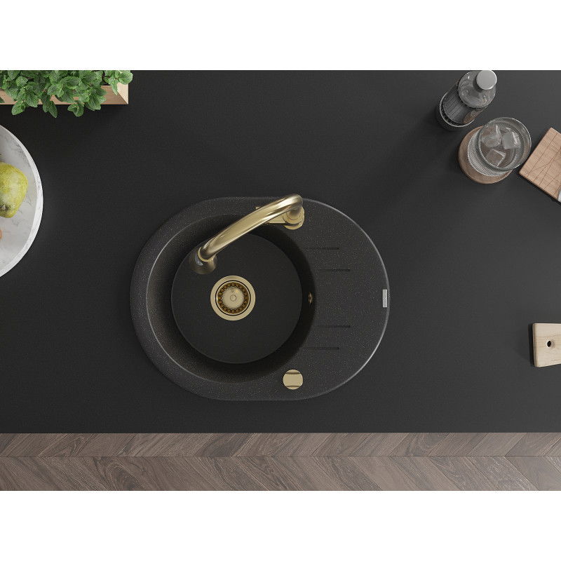 Mexen Kevin granitový dřez 1-komorový s odkapávačem a kuchyňskou baterií Elia, černý/stříbrný metalik - 6517-73-670101-50