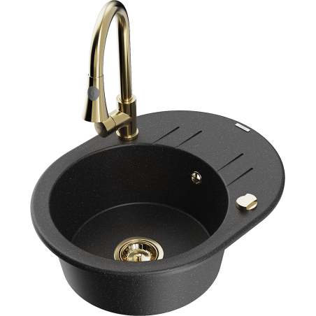 Mexen Kevin granitový dřez 1-komorový s odkapávačem a kuchyňskou baterií Elia, černý/stříbrný metalik - 6517-73-670101-50