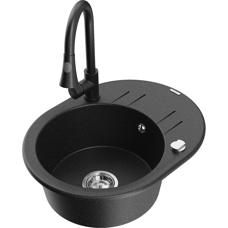 Mexen Kevin žulový dřez 1-komorový s odkapávačem a kuchyňskou baterií Elia, černý/stříbrný metalík - 6517-73-670101-70