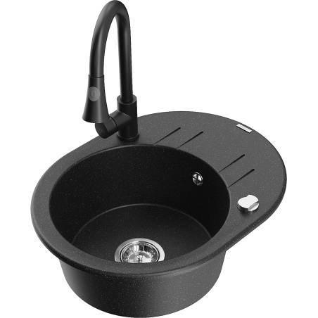 Mexen Kevin žulový dřez 1-komorový s odkapávačem a kuchyňskou baterií Elia, černý/stříbrný metalík - 6517-73-670101-70