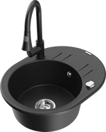 Mexen Kevin žulový dřez 1-komorový s odkapávačem a kuchyňskou baterií Elia, černý/stříbrný metalík - 6517-73-670101-70