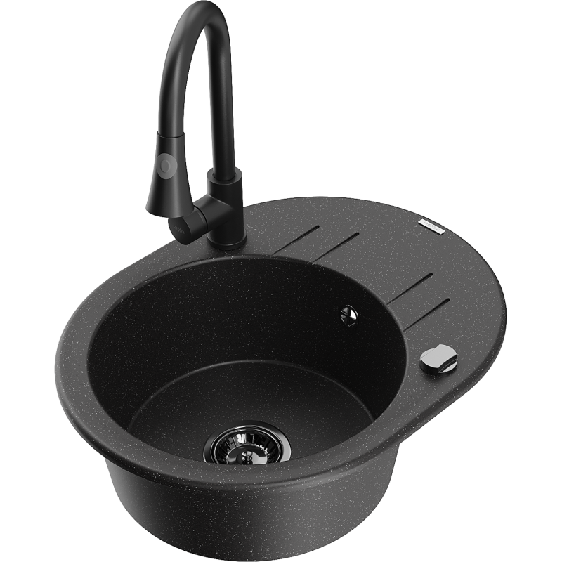 Mexen Kevin granitový dřez s 1 komorou s odkapávačem a kuchyňskou baterií Elia, černý/stříbrný metalík - 6517-73-670101-70-B