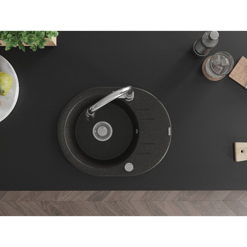 Mexen Kevin granitový dřez 1-komorový s odkapávačem a kuchyňskou baterií Elia, černý/zlatý metalik - 6517-75-670101-00