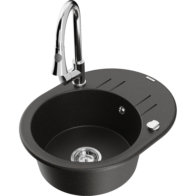 Mexen Kevin granitový dřez 1-komorový s odkapávačem a kuchyňskou baterií Elia, černý/zlatý metalik - 6517-75-670101-00