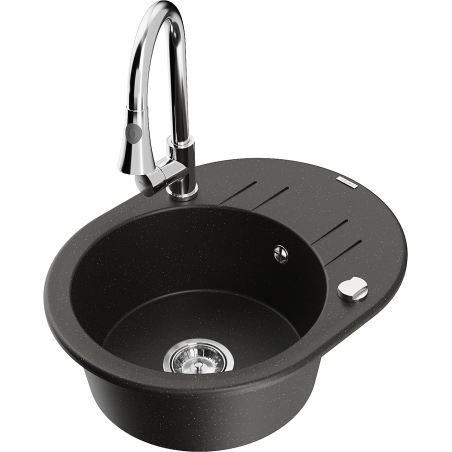 Mexen Kevin granitový dřez 1-komorový s odkapávačem a kuchyňskou baterií Elia, černý/zlatý metalik - 6517-75-670101-00