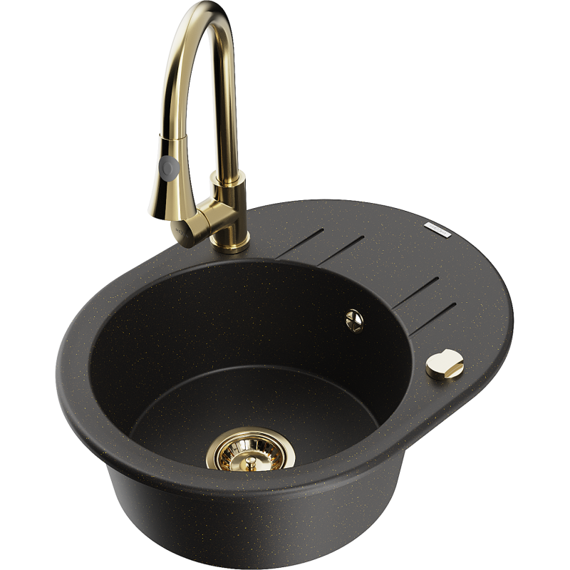 Mexen Kevin žulový dřez 1-komorový s odkapávačem a kuchyňskou baterií Elia, černý/zlatý metalik - 6517-75-670101-50