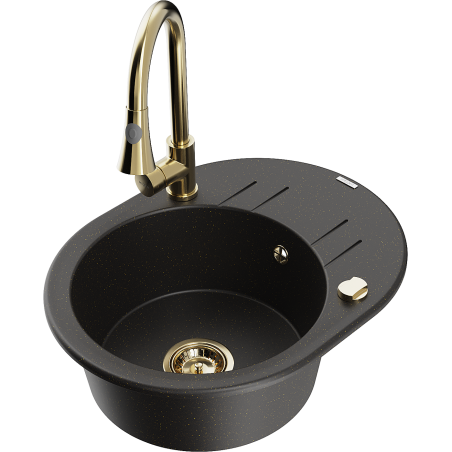 Mexen Kevin žulový dřez 1-komorový s odkapávačem a kuchyňskou baterií Elia, černý/zlatý metalik - 6517-75-670101-50