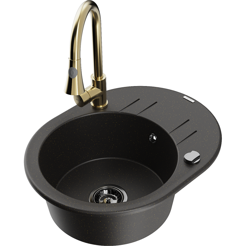 Mexen Kevin žulový dřez 1-komorový s odkapávačem a kuchyňskou baterií Elia, černý/zlatý metalický - 6517-75-670101-50-B