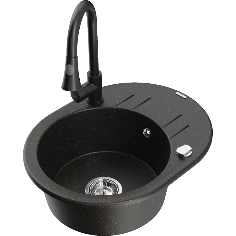 Mexen Kevin granitový dřez s 1 komorou, s odkapávačem a kuchyňskou baterií Elia, černý/zlatý metalík - 6517-75-670101-70