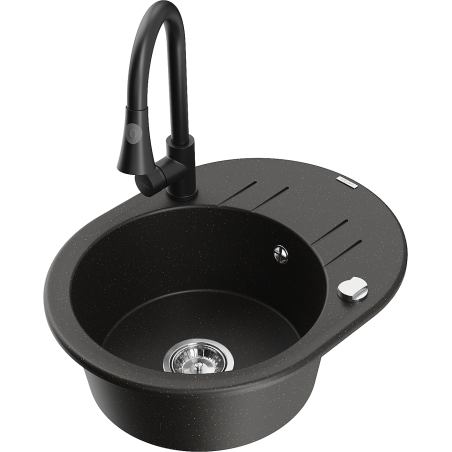 Mexen Kevin granitový dřez s 1 komorou, s odkapávačem a kuchyňskou baterií Elia, černý/zlatý metalík - 6517-75-670101-70