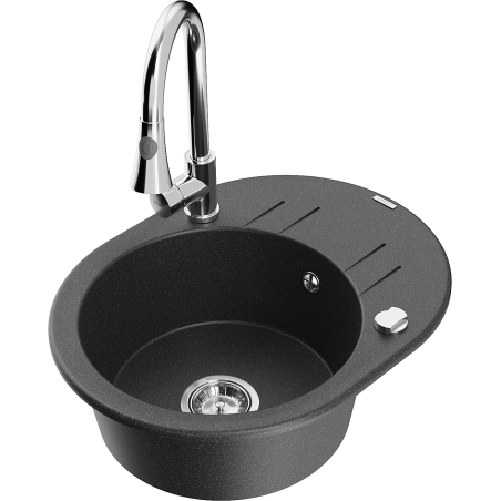 Mexen Kevin granitový dřez 1-komorový s odkapávačem a kuchyňskou baterií Elia, černý s tečkami - 6517-76-670101-00