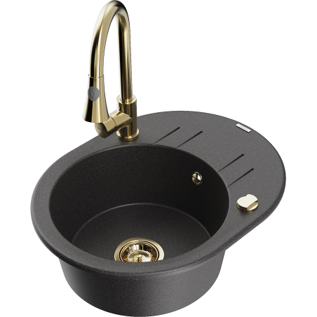 Mexen Kevin granitový jednodřez s odkapávačem a kuchyňskou baterií Elia, černý skvrnitý - 6517-76-670101-50