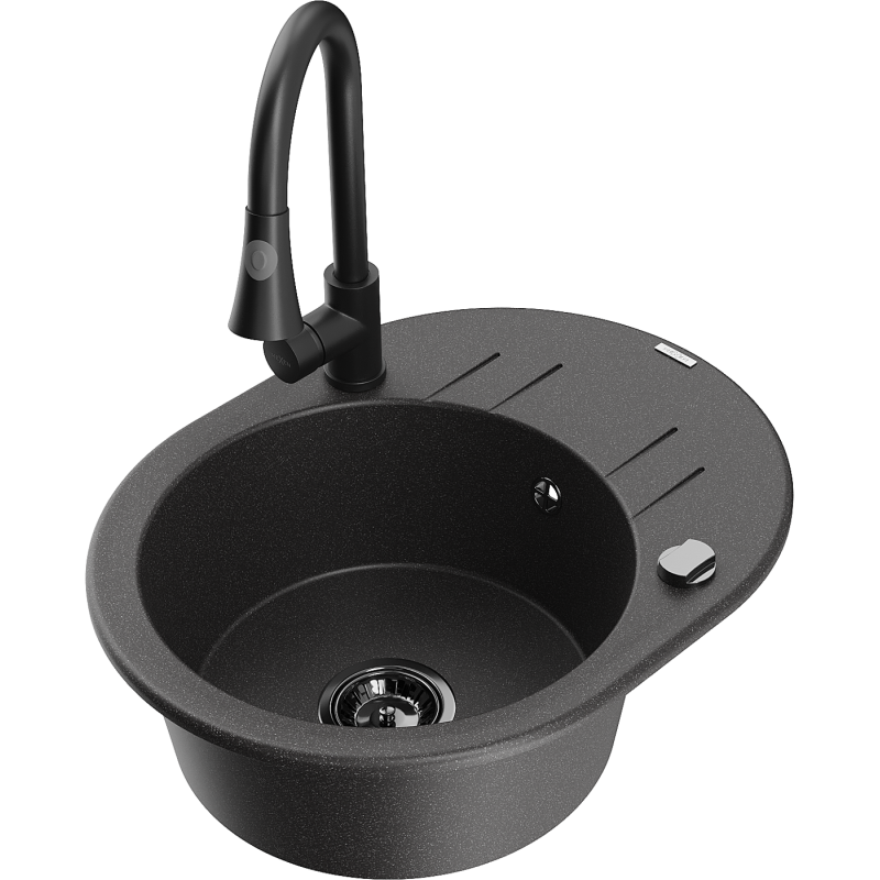 Mexen Kevin granitový dřez 1-komorový s odkapávačem a kuchyňskou baterií Elia, černý s tečkami - 6517-76-670101-70-B