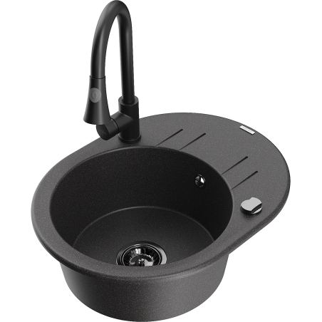 Mexen Kevin granitový dřez 1-komorový s odkapávačem a kuchyňskou baterií Elia, černý s tečkami - 6517-76-670101-70-B