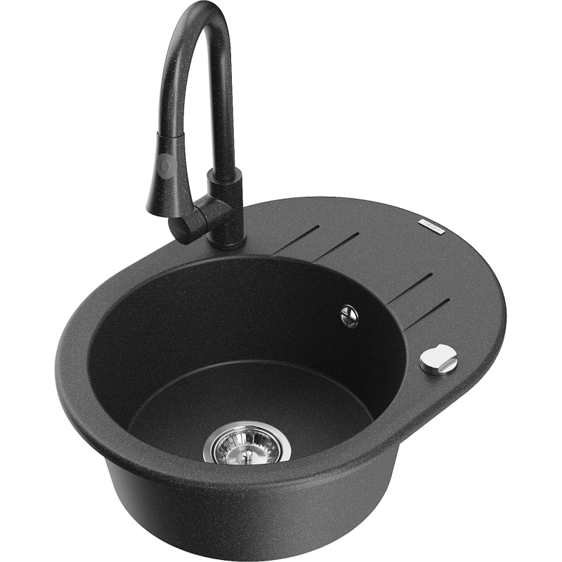 Mexen Kevin granitový dřez 1-komorový s odkapávačem a kuchyňskou baterií Elia, černý tečkovaný - 6517-76-670101-76