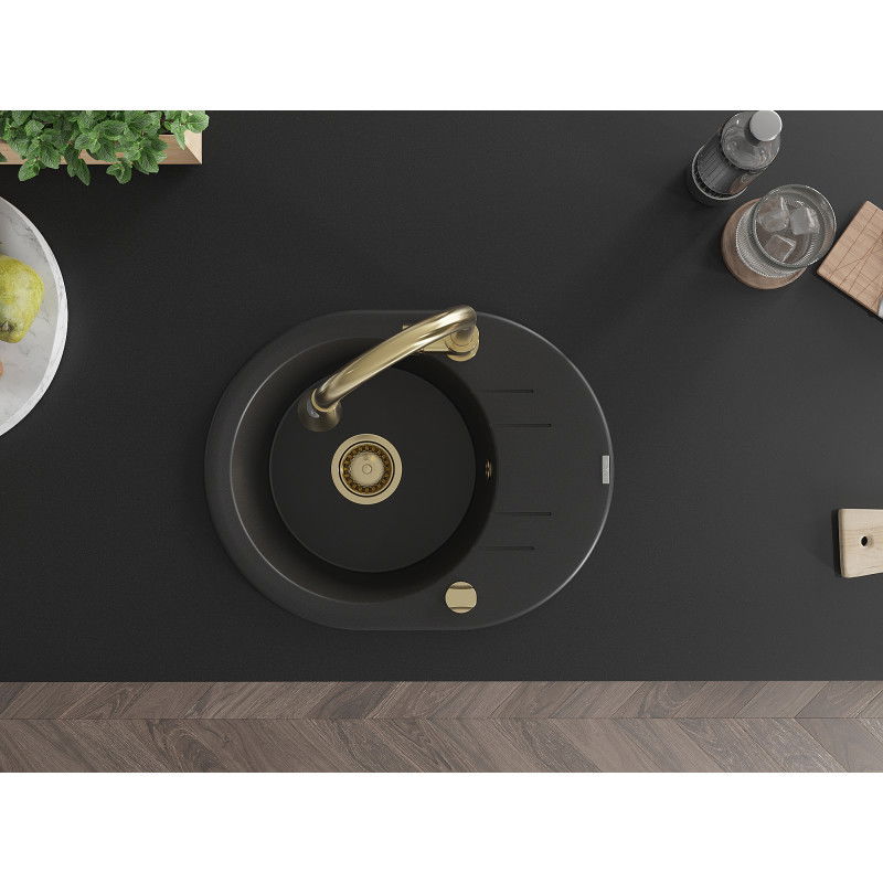 Mexen Kevin žulový kuchyňský dřez s 1 komorou, odkapávačem a kuchyňskou baterií Elia, černý - 6517-77-670101-50