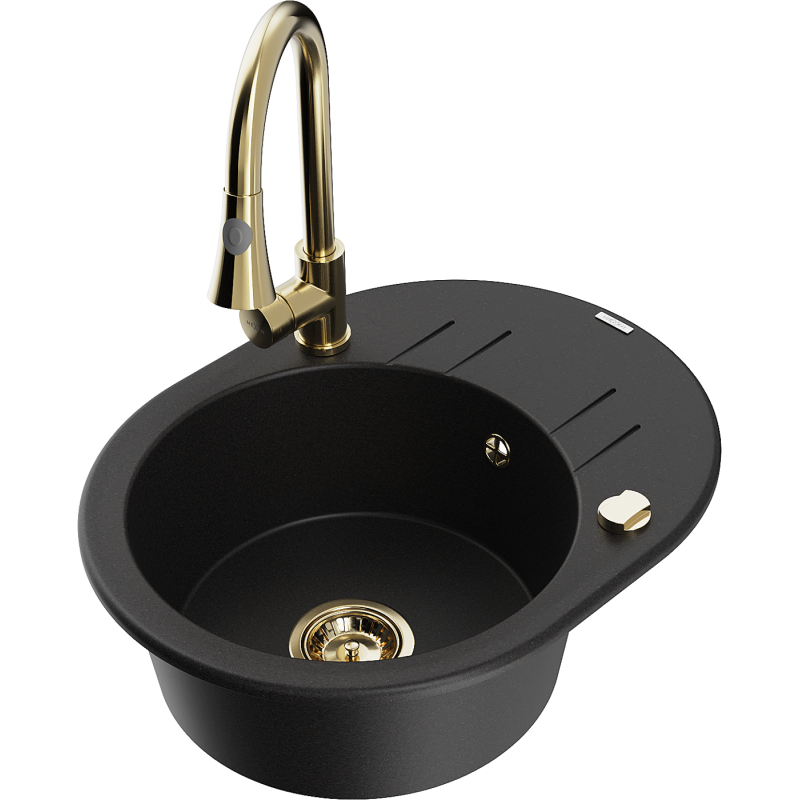 Mexen Kevin žulový kuchyňský dřez s 1 komorou, odkapávačem a kuchyňskou baterií Elia, černý - 6517-77-670101-50