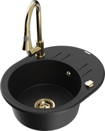 Mexen Kevin žulový kuchyňský dřez s 1 komorou, odkapávačem a kuchyňskou baterií Elia, černý - 6517-77-670101-50