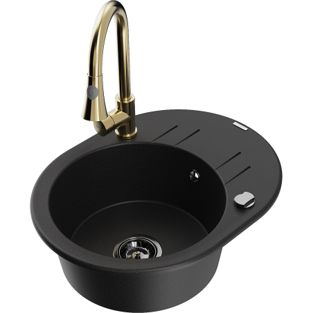 Mexen Kevin granitový dřez 1-komorový s odkapávačem a kuchyňskou baterií Elia, černý - 6517-77-670101-50-B