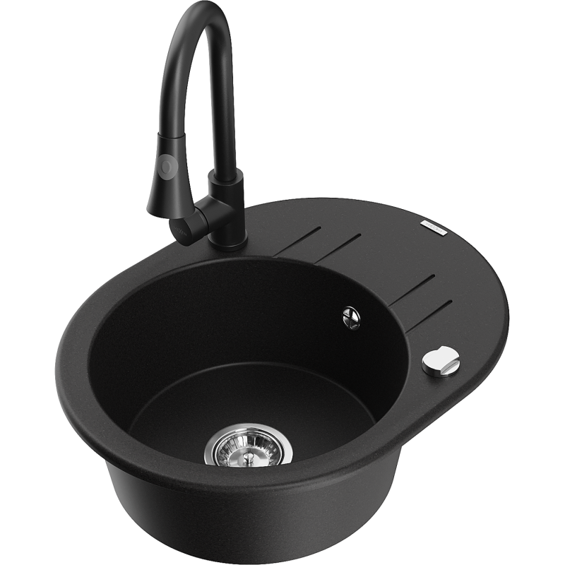 Mexen Kevin granitový dřez s 1 komorou a odkapávačem a kuchyňskou baterií Elia, černý - 6517-77-670101-70