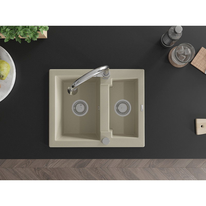 Mexen Carlos granitový dřez 1,5-komorový s kuchyňskou baterií Elia, béžový - 6518-69-670101-00