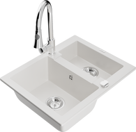 Mexen Carlos žulový dřez 1,5-komorový s kuchyňskou baterií Elia, bílý - 6518-20-670101-00