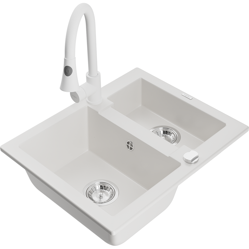 Mexen Carlos granitový dřez s 1,5 komorami s kuchyňskou baterií Elia, bílý - 6518-20-670101-20
