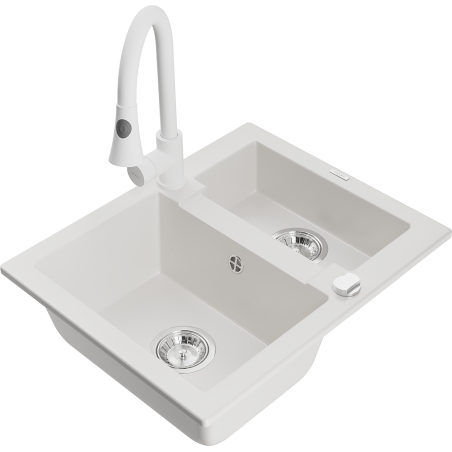 Mexen Carlos granitový dřez s 1,5 komorami s kuchyňskou baterií Elia, bílý - 6518-20-670101-20
